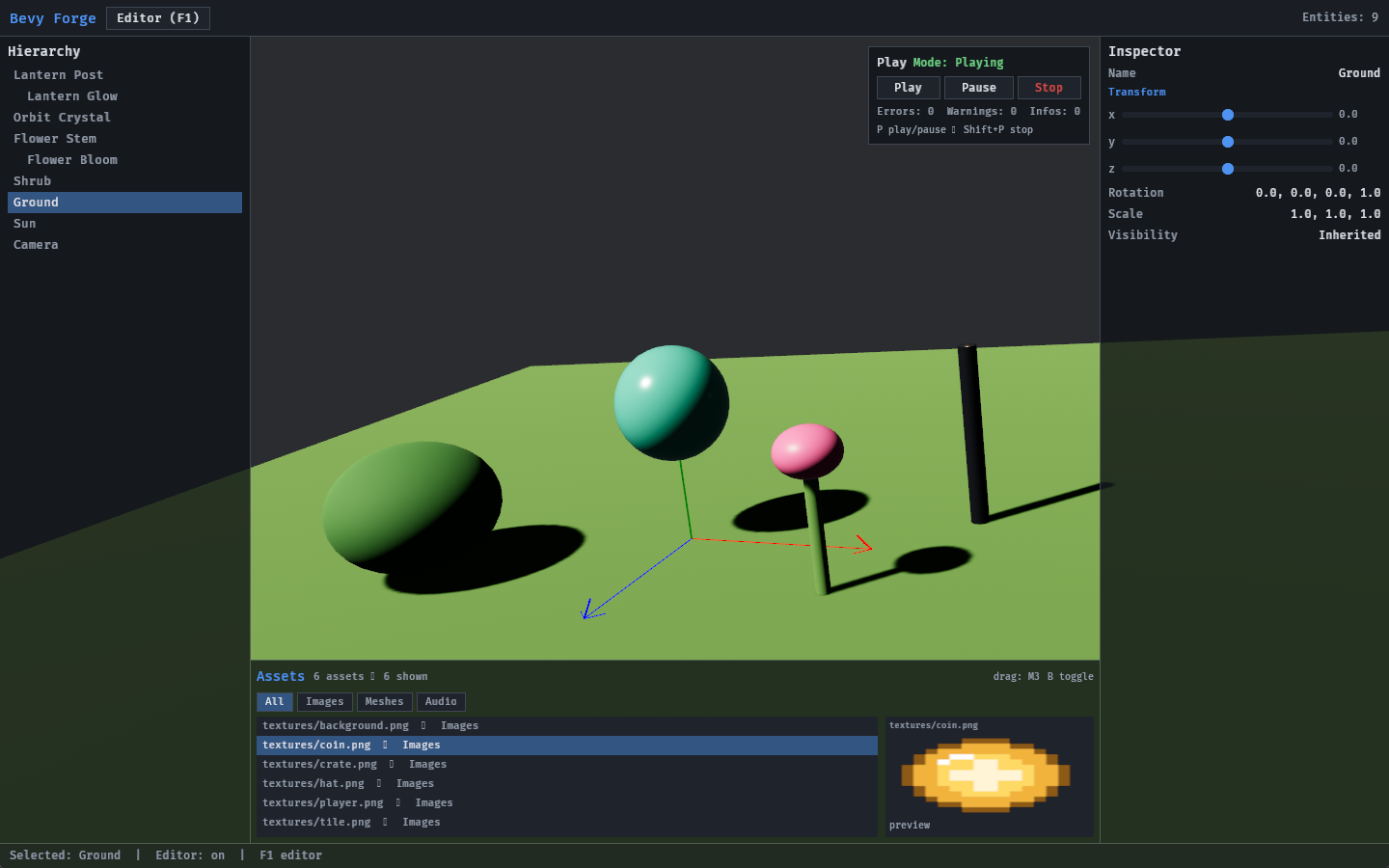 Bevy Forge M2 Live — play mode and asset browser